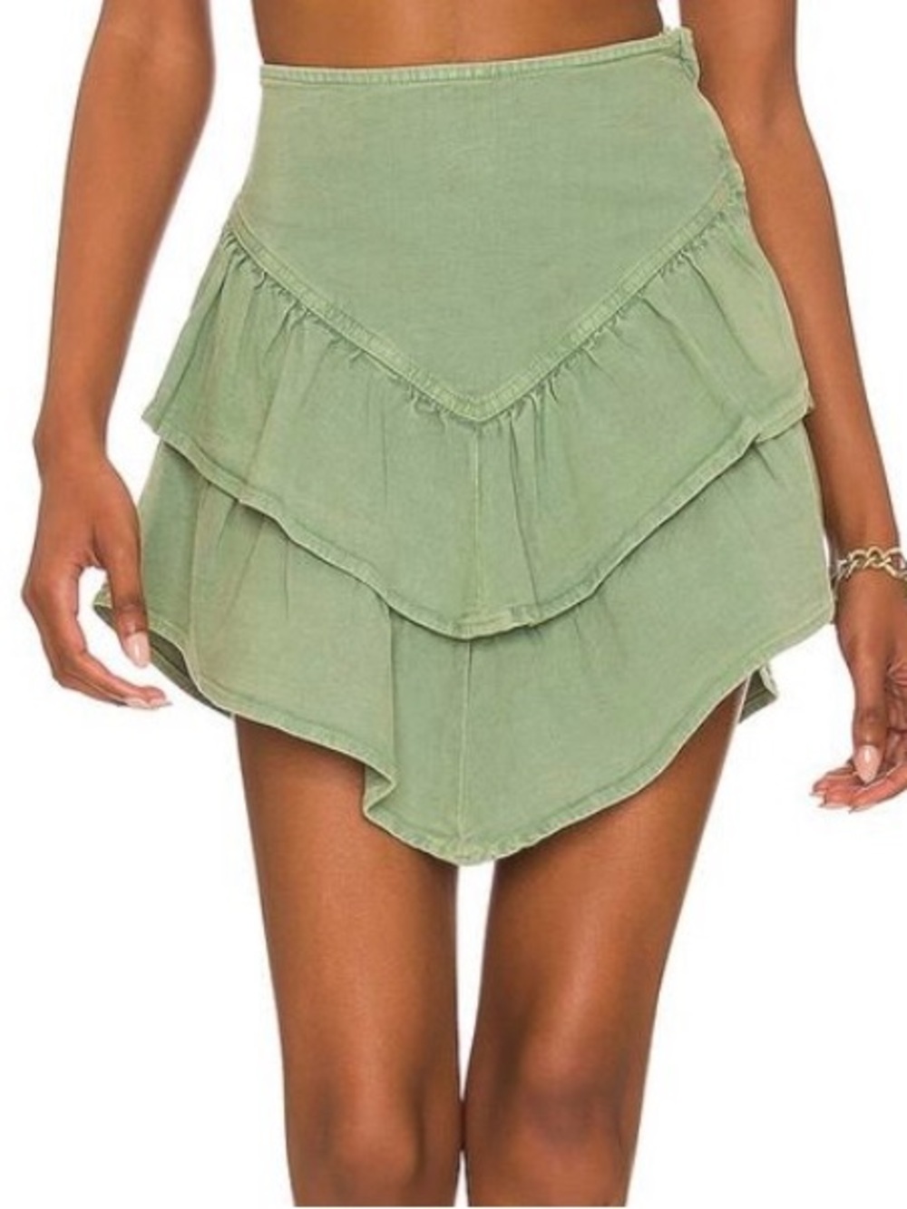 MOTHER Olive Green Ruffle Layered Mini Shorts
